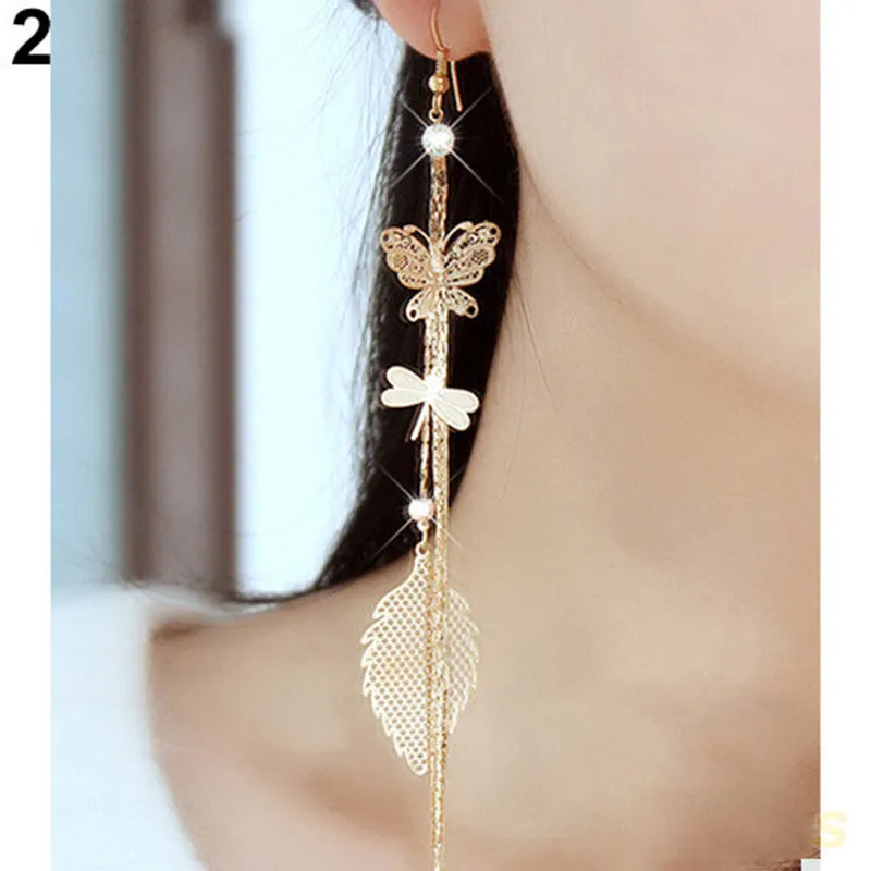 Women's Rhinestone Butterfly Dragonfly Leaf Drop Long Tassels Chain Linear Earrings Drop Earrings SM6