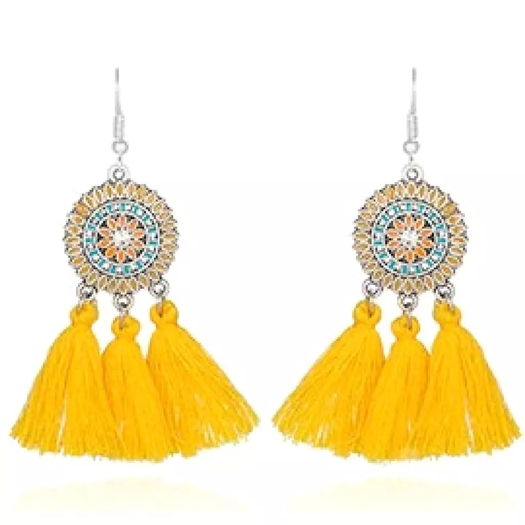 Yellow Bohemian Enameled Tassel Earrings