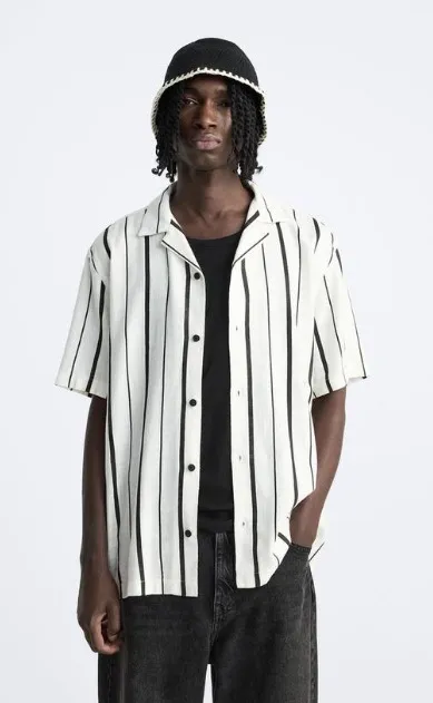 ZARA  |Stripes Linen Short Sleeves Shirts