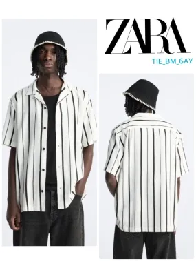 ZARA  |Stripes Linen Short Sleeves Shirts