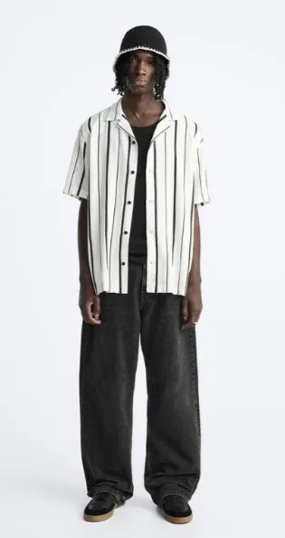 ZARA  |Stripes Linen Short Sleeves Shirts