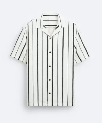 ZARA  |Stripes Linen Short Sleeves Shirts