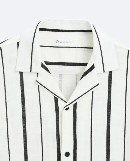 ZARA  |Stripes Linen Short Sleeves Shirts